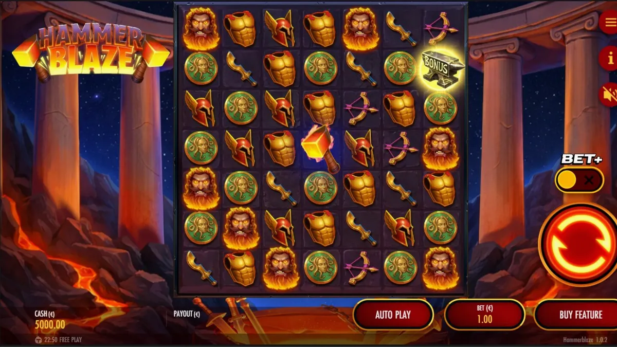 Tampilan visual grid 7x7 pada slot Hammerblaze dengan latar belakang bengkel dewa yang membara.