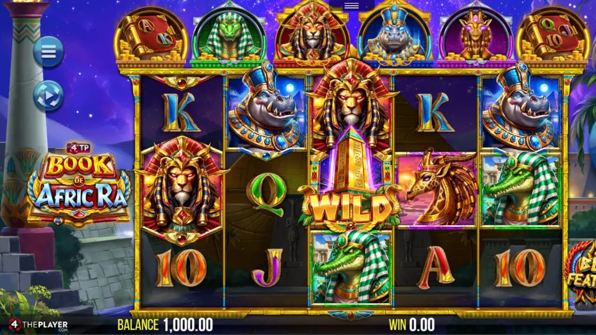 Tampilan visual slot 4TP Book of AfricRa dengan tema kerajaan hewan Mesir Kuno
