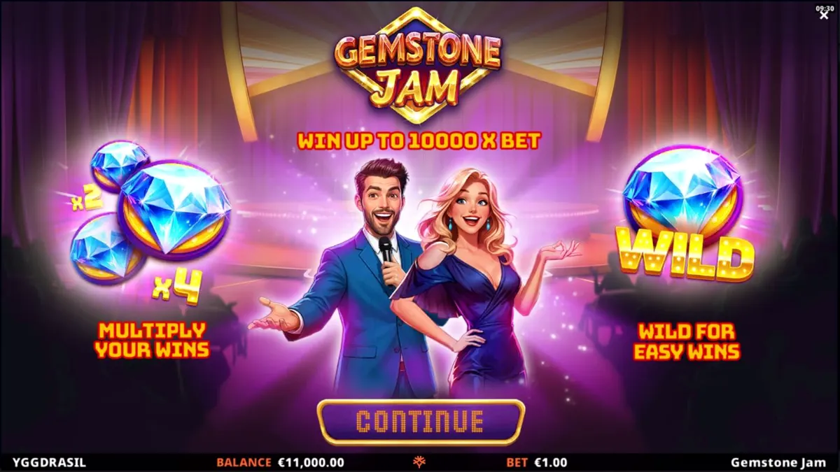Tampilan visual slot Gemstone Jam dengan simbol klasik dan latar belakang panggung TV yang mewah.