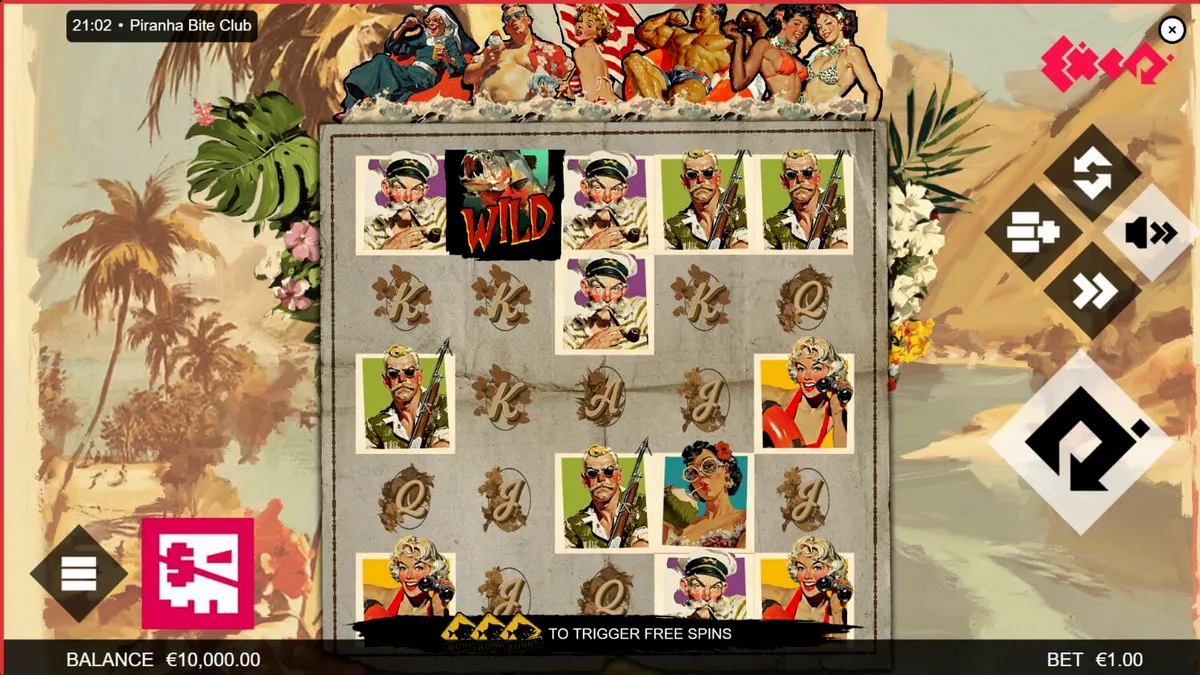 Piranha Bite Club slot game interface with retro pin-up and tropical theme